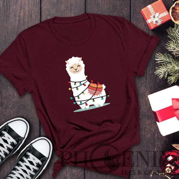 Cute Llama in Christmas Lights - Llama T-shirt - Cute Llama T-shirt - Christmas Gift T-shirt