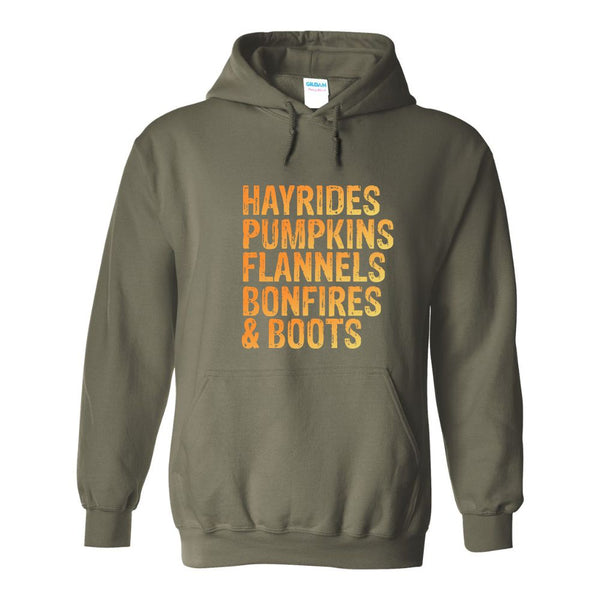 Hayrides Pumpkins Flannels Bonfires & Boots - Fall Pull Over Hoodie - October Apparel - Fall Apparel - Cute Fall Quotes