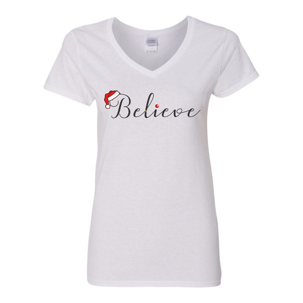 Santa Believe - Cute Christmas T-shirt - Santa T-shirt - Womens V-neck